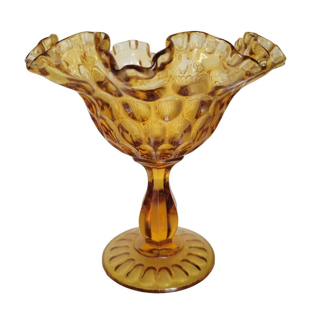 Vintage Fenton Glass Compote Candy Dish Colonial Amber Thumbprint Double Ruffled